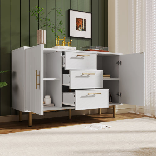 White Fluted Sideboard with Gold Handles, 120cm