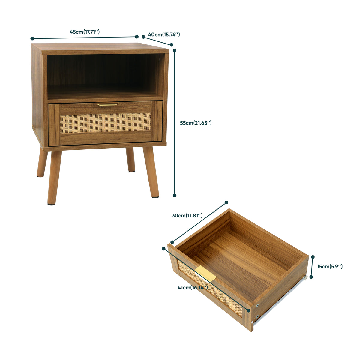 Rattan Bedside Table with Open Shelf – Walnut