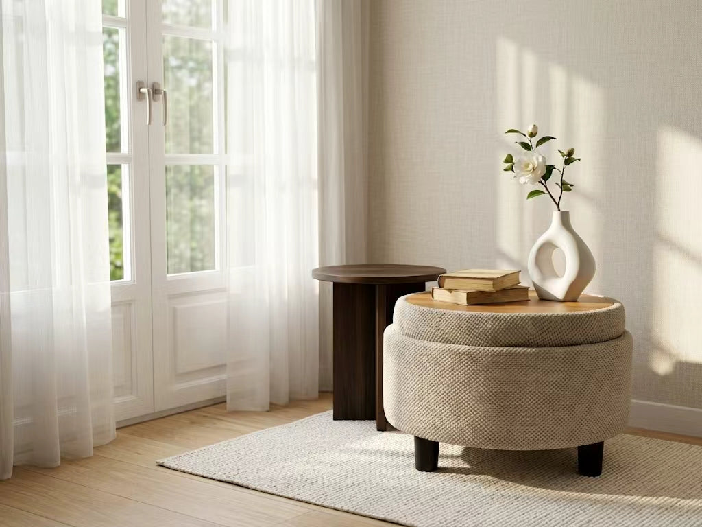 Round storage ottoman camel