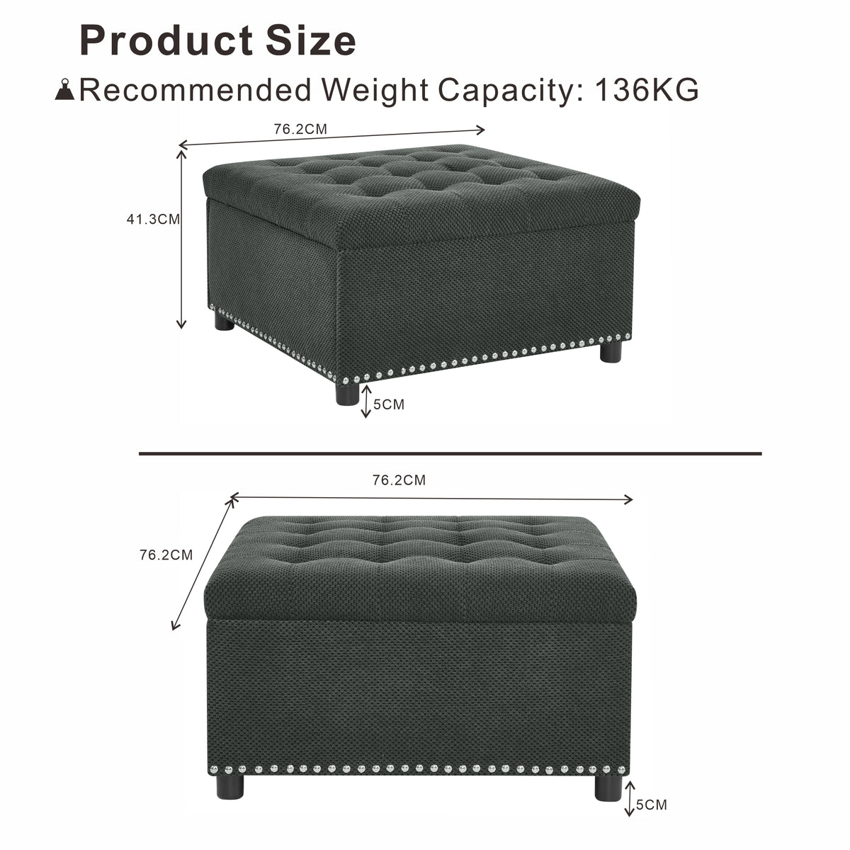 Square tufted storage ottoman dark grey