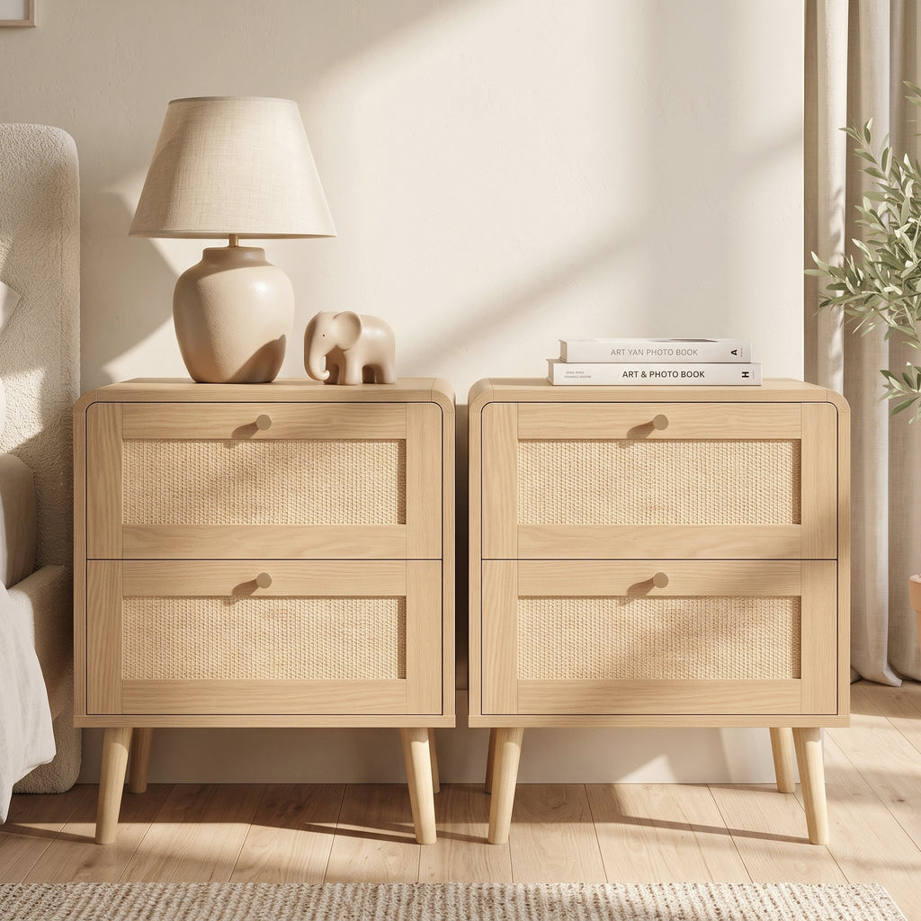 Rattan-Effect Bedside Tables – Set of 2, Natural Oak