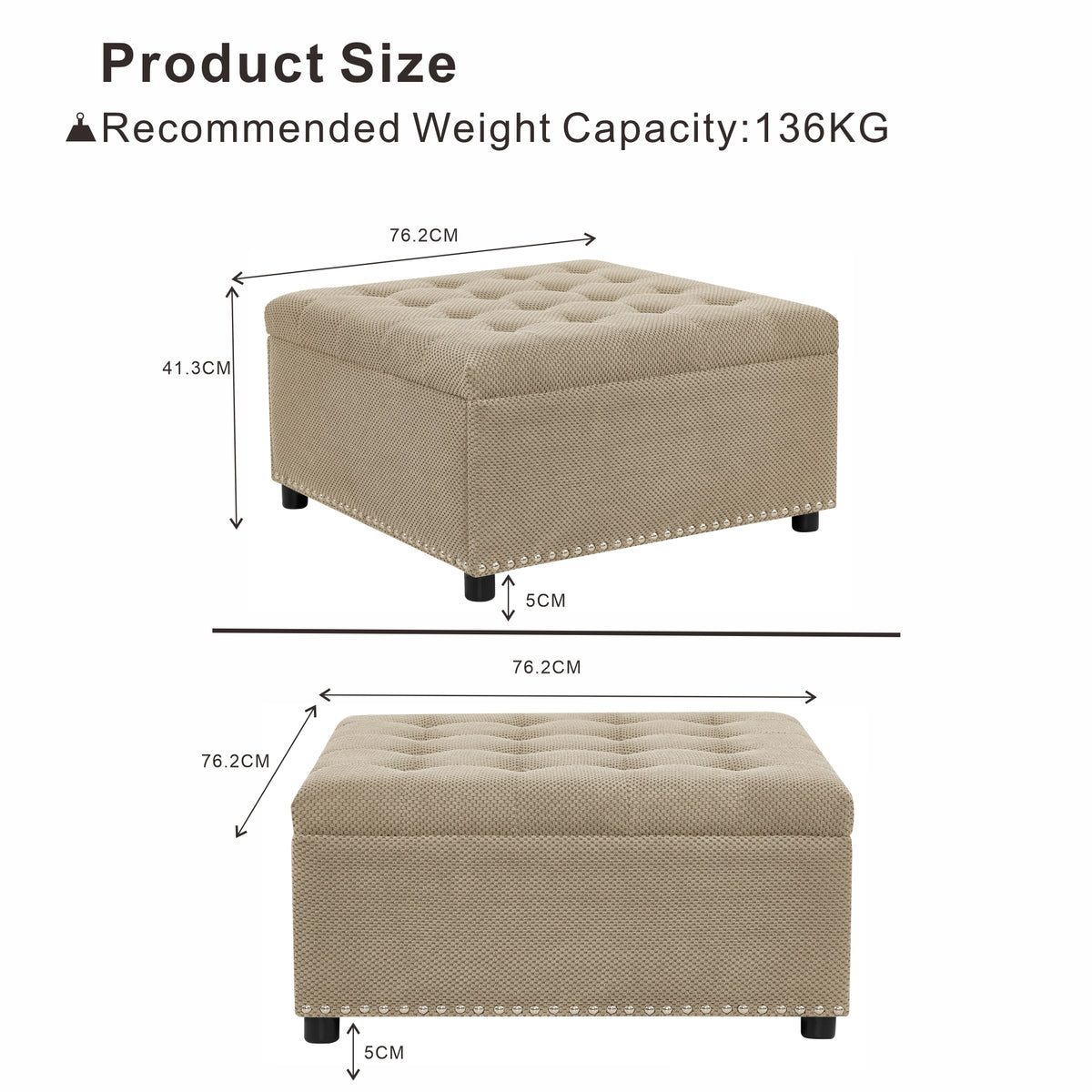 Square tufted storage ottoman camel