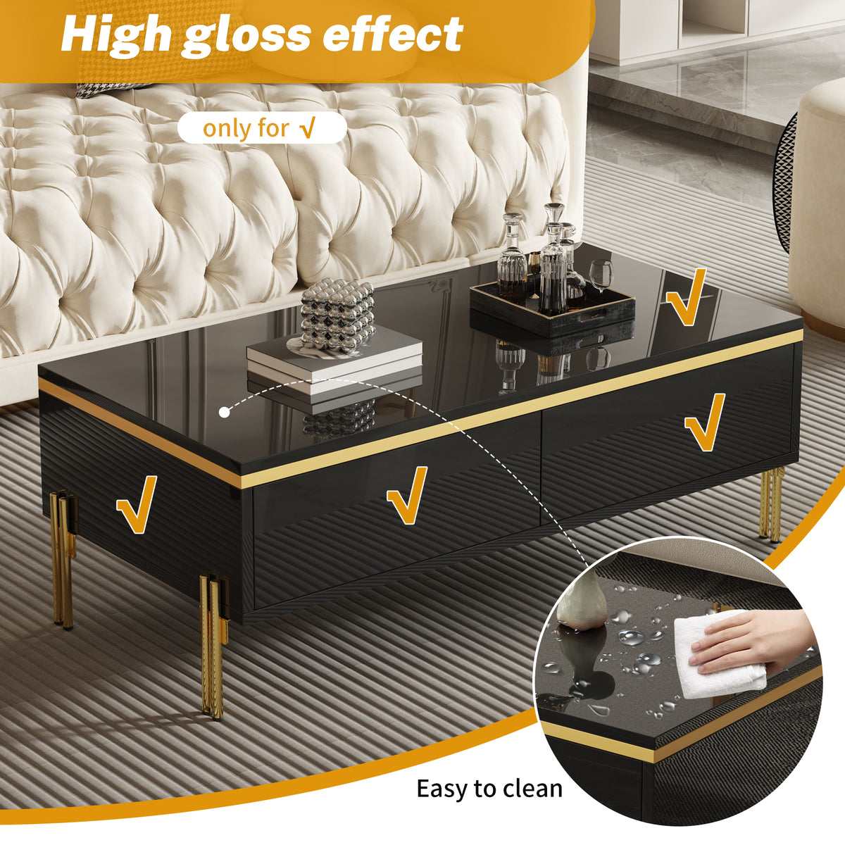 Black Gloss Coffee Table with Gold Lines