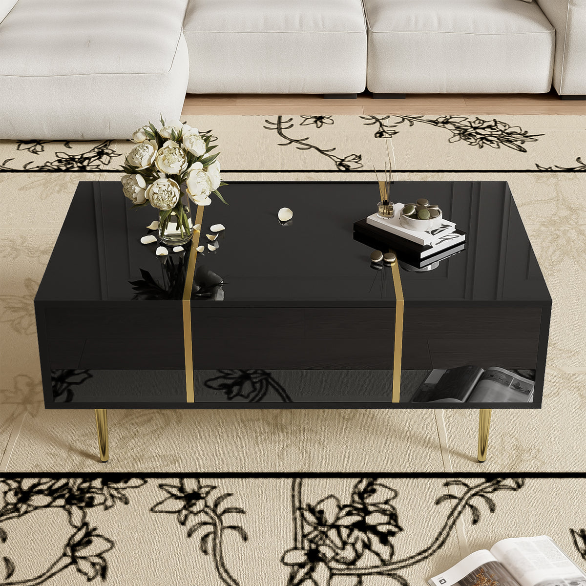 Black Gloss Coffee Table with Gold Trim