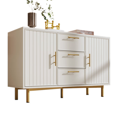 White Fluted Sideboard with Gold Handles, 120cm