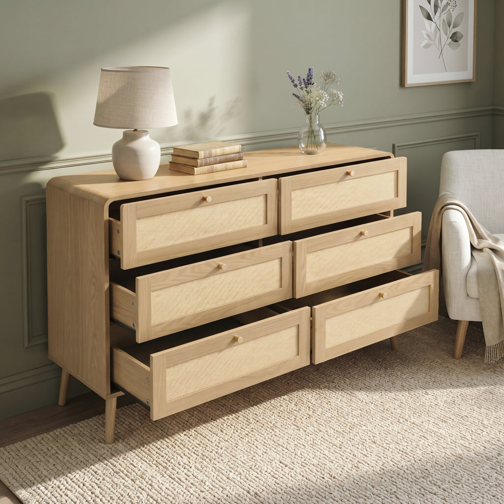 Rattan-Effect 6-Drawer Chest – Natural Wood, 120cm