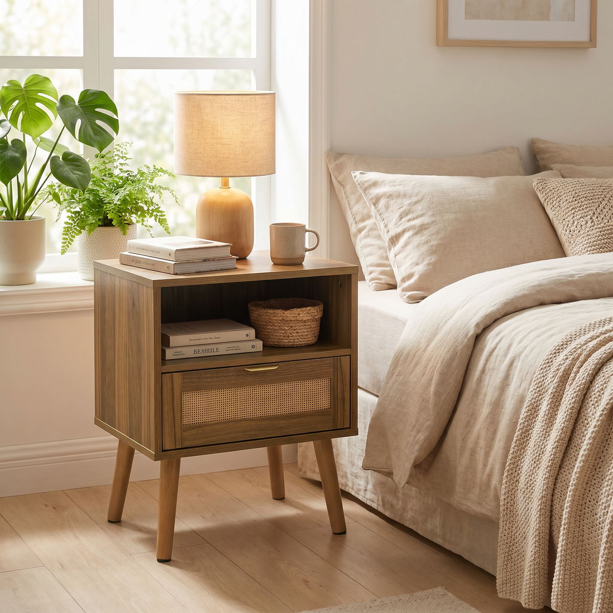 Rattan Bedside Table with Open Shelf – Walnut