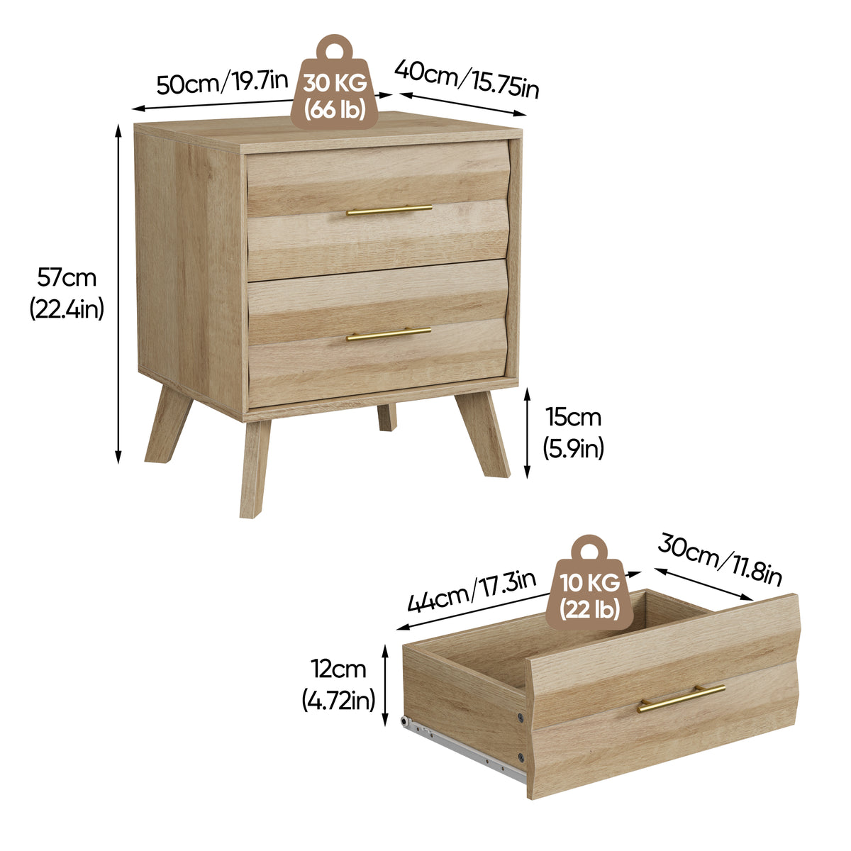 Oak Bedside Table with 2 Drawers – Mid-Century