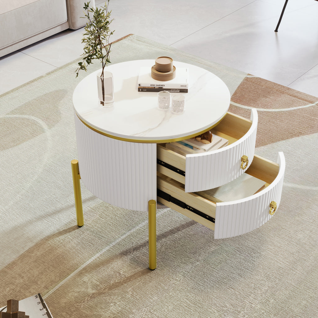 Round Marble-Effect Side Table with Gold Legs
