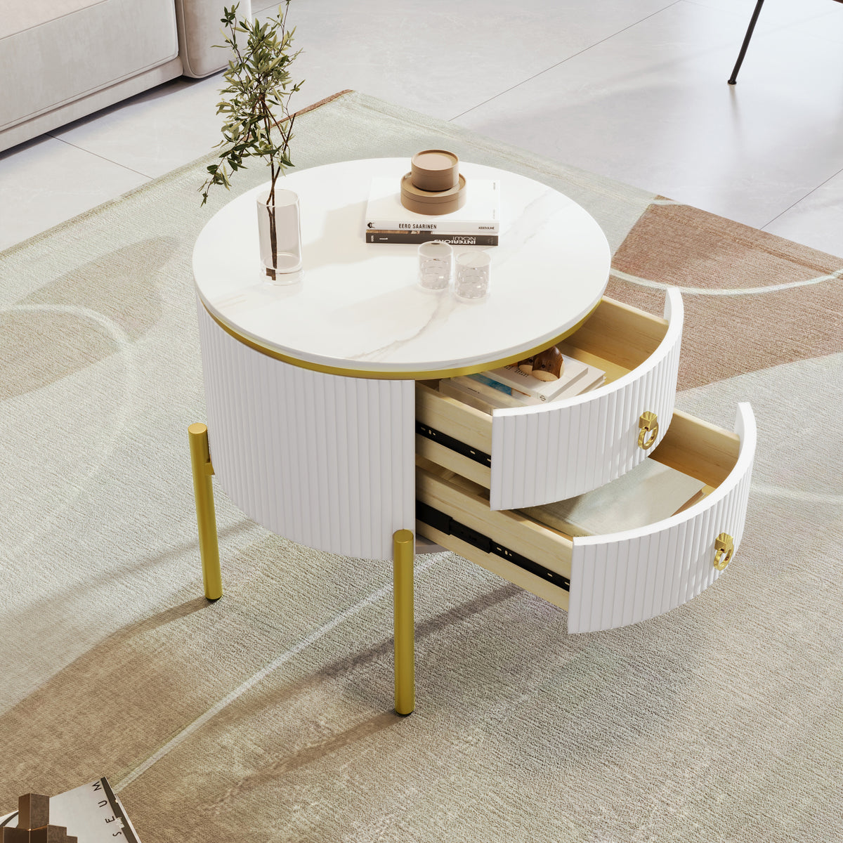 Round Marble-Effect Side Table with Gold Legs