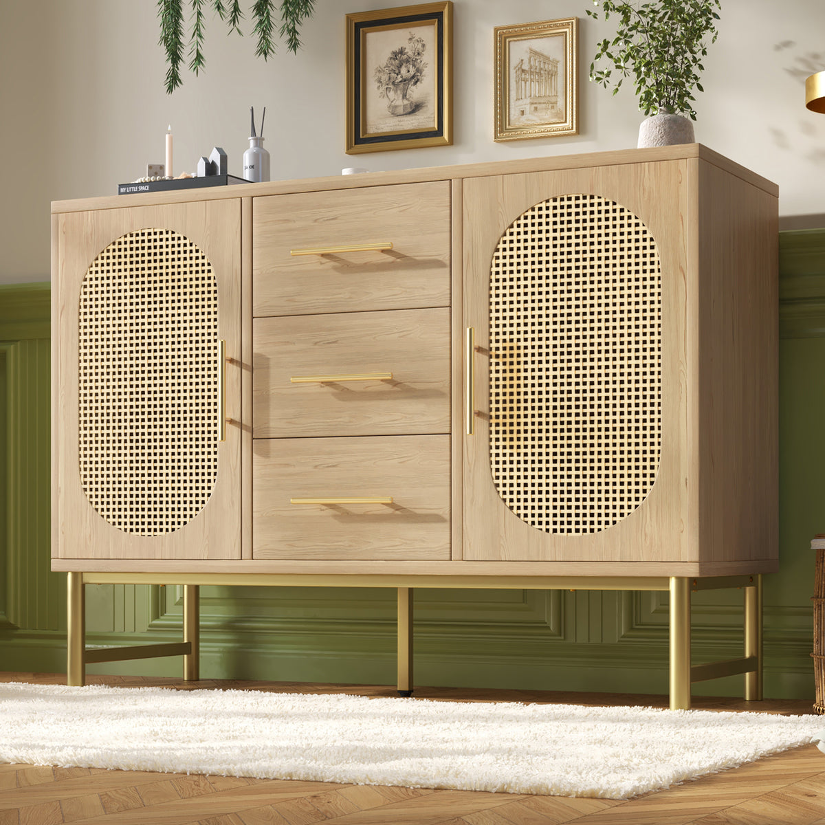 Rattan Sideboard with Gold Legs – Oak, 120cm