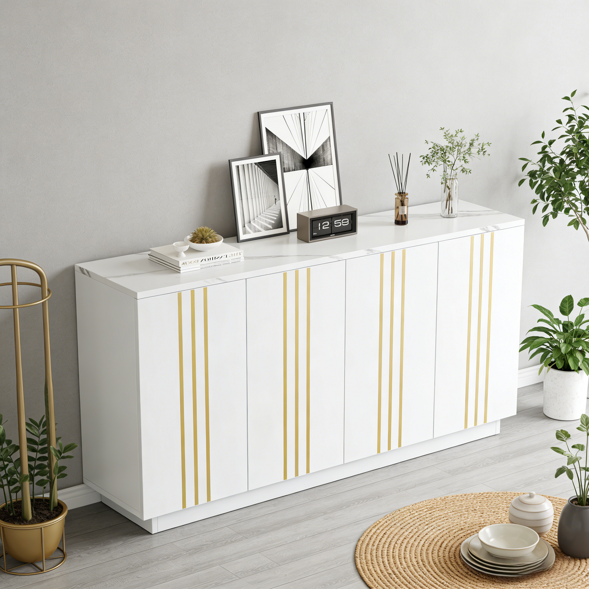 White Sideboard with Gold Stripes, 140cm