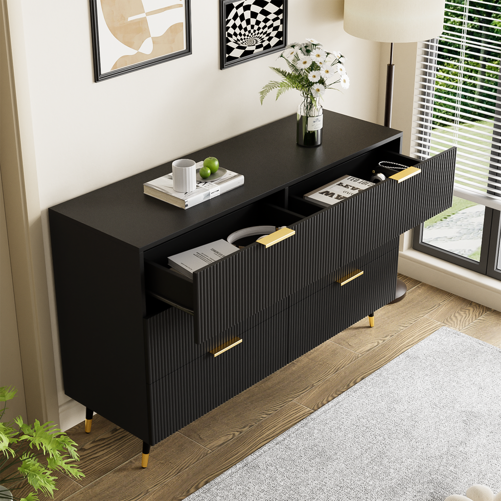 Black Fluted Chest of Drawers with Gold Handles, 120cm