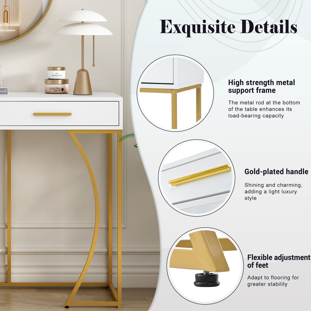 White & Gold Console Table with 2 Drawers