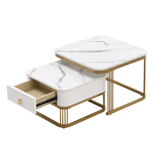 Marble & Gold Nesting Coffee Tables with Drawer