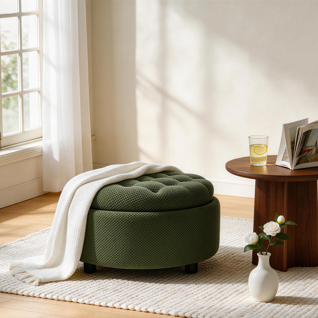 Round storage ottoman dark green