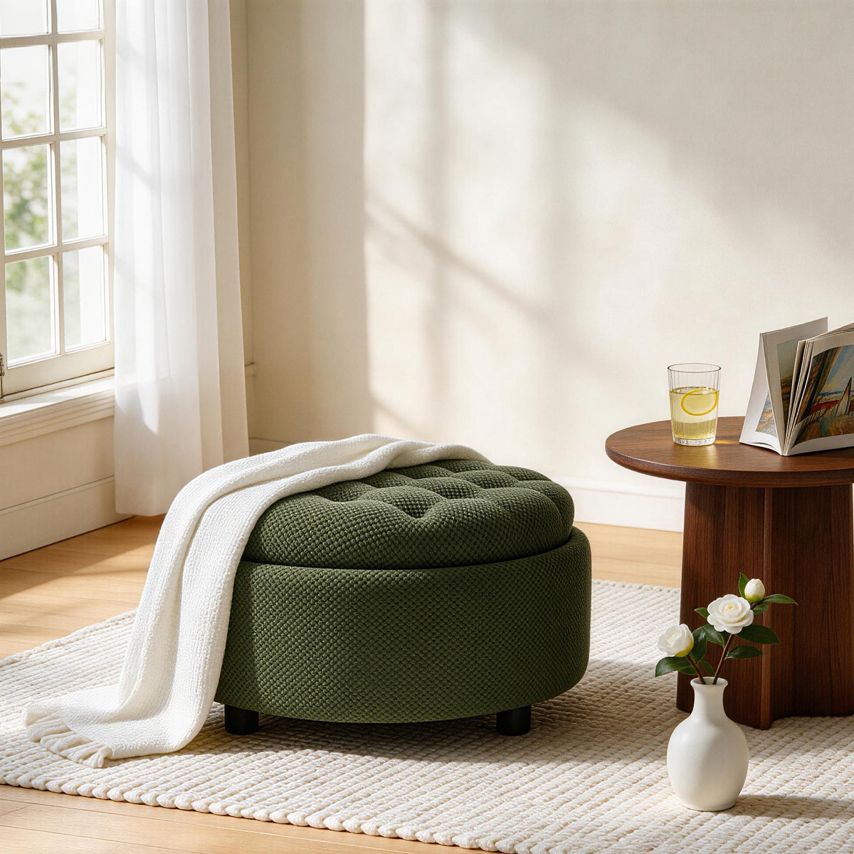 Round storage ottoman dark green