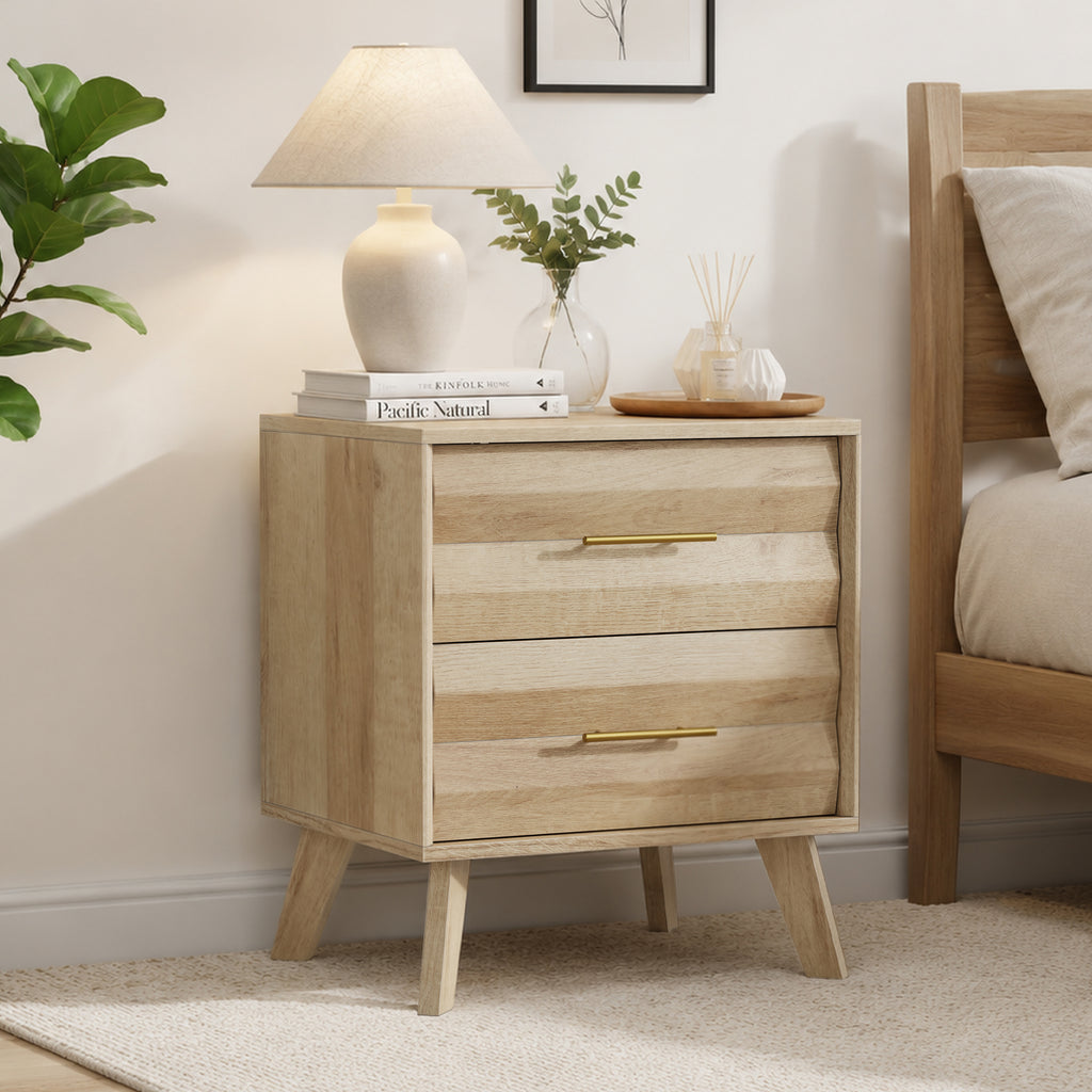 Oak Bedside Table with 2 Drawers – Mid-Century