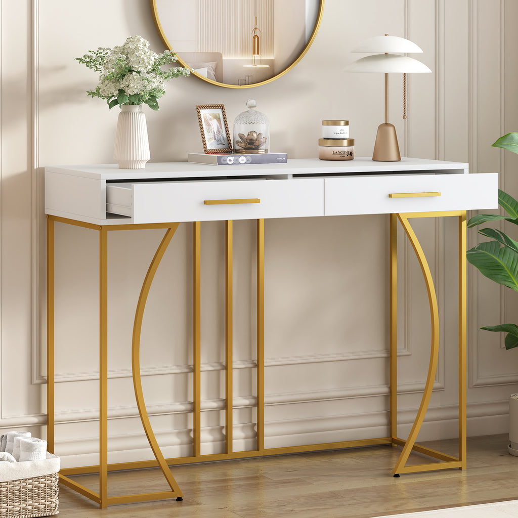 White & Gold Console Table with 2 Drawers