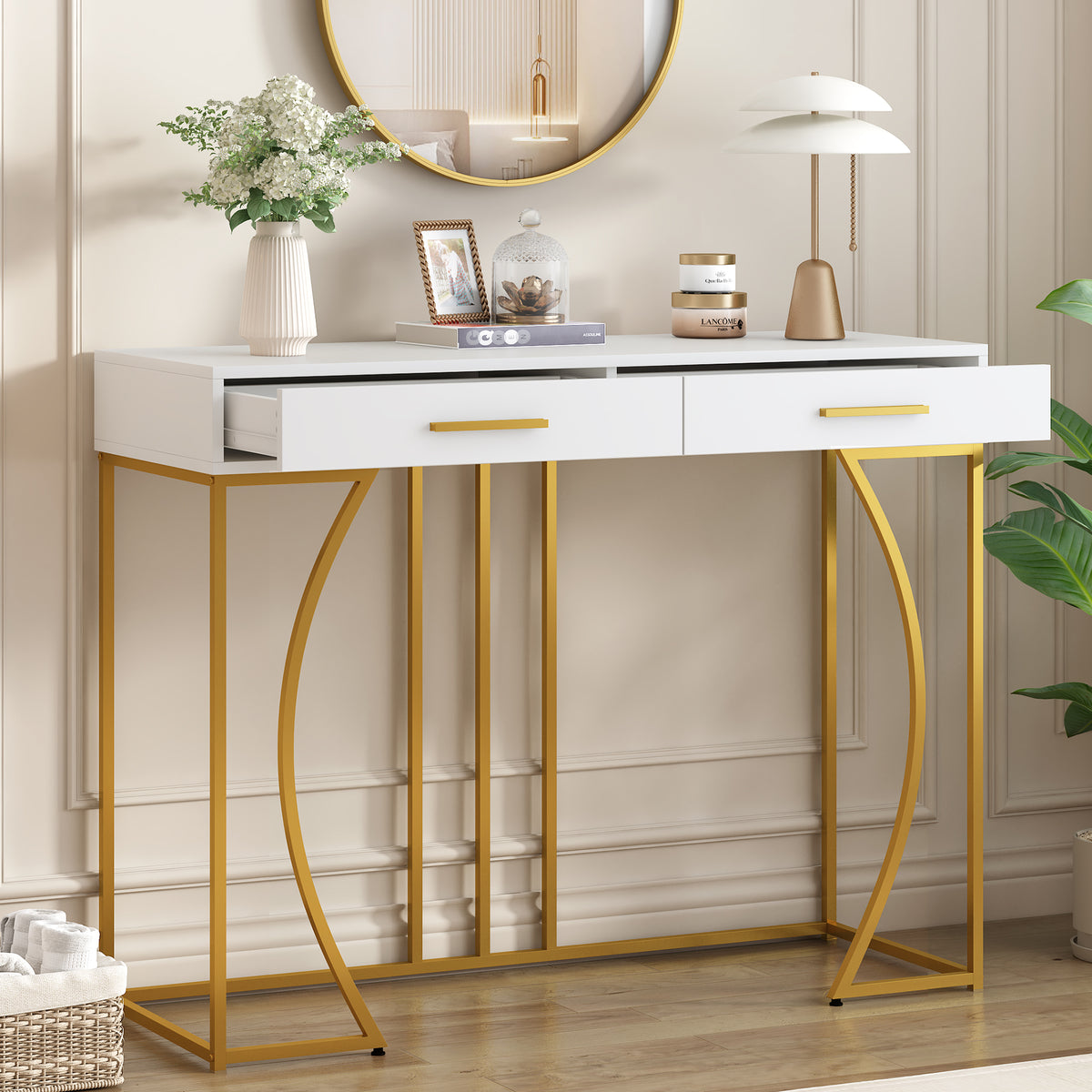 White & Gold Console Table with 2 Drawers