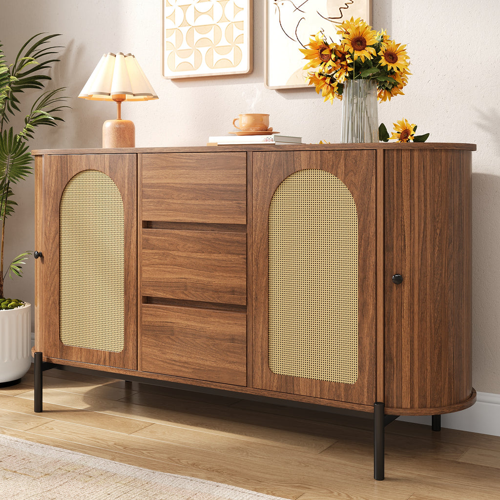 Rattan Sliding-Door Sideboard – Walnut, 140cm