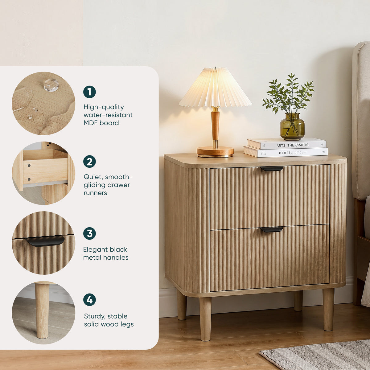 Fluted Oak Bedside Table with 2 Drawers