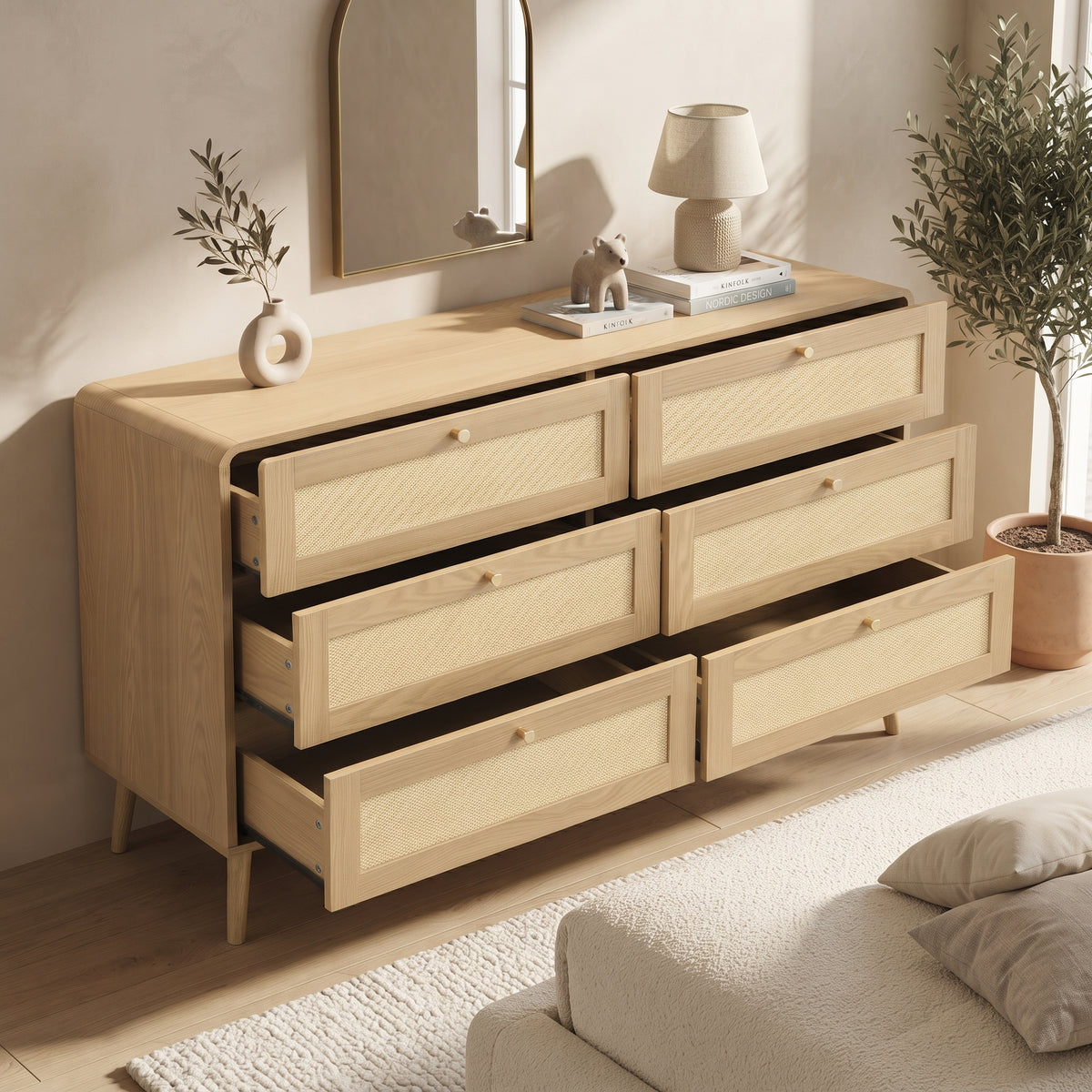 Rattan-Effect 6-Drawer Chest – Natural Wood, 120cm