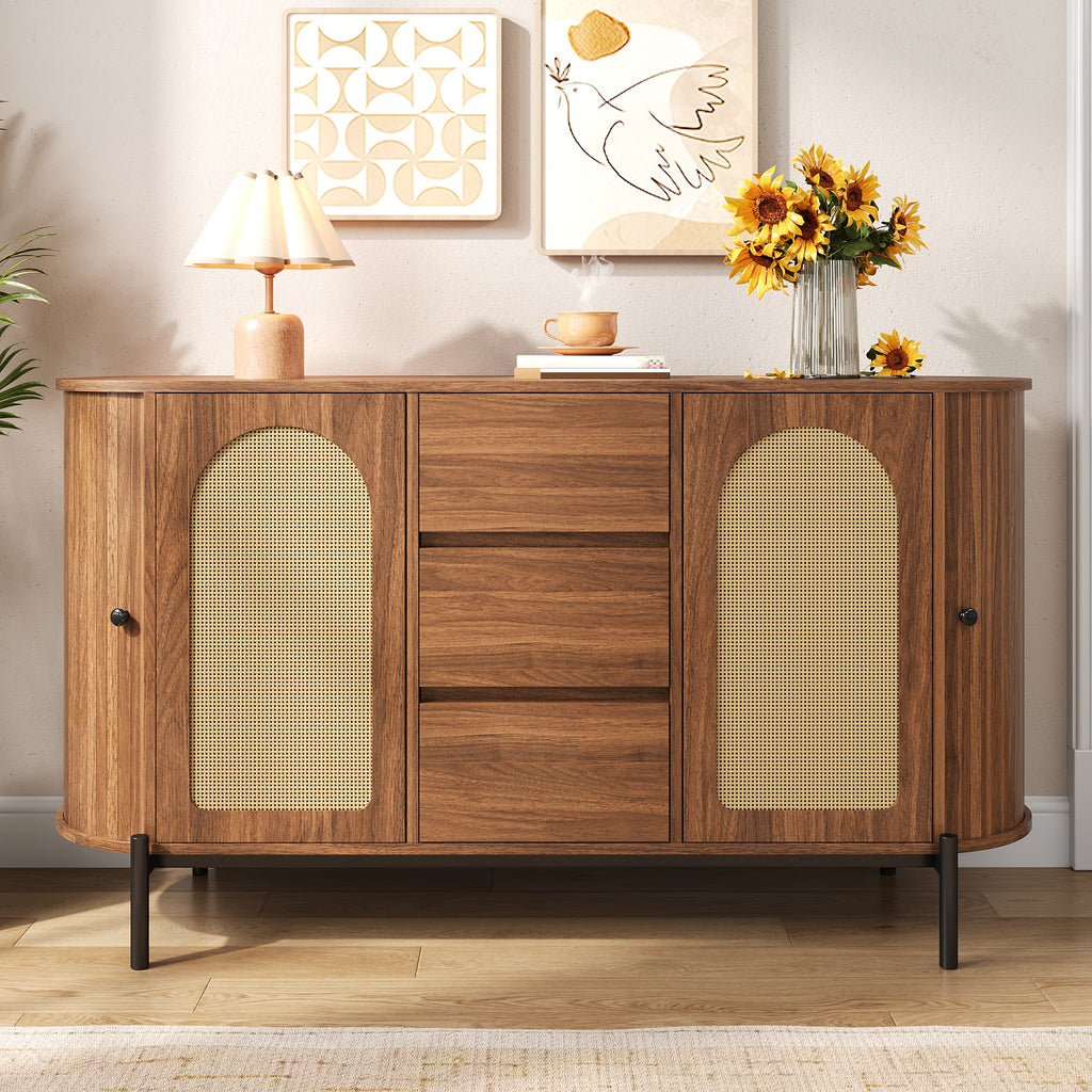 Rattan Sliding-Door Sideboard – Walnut, 140cm