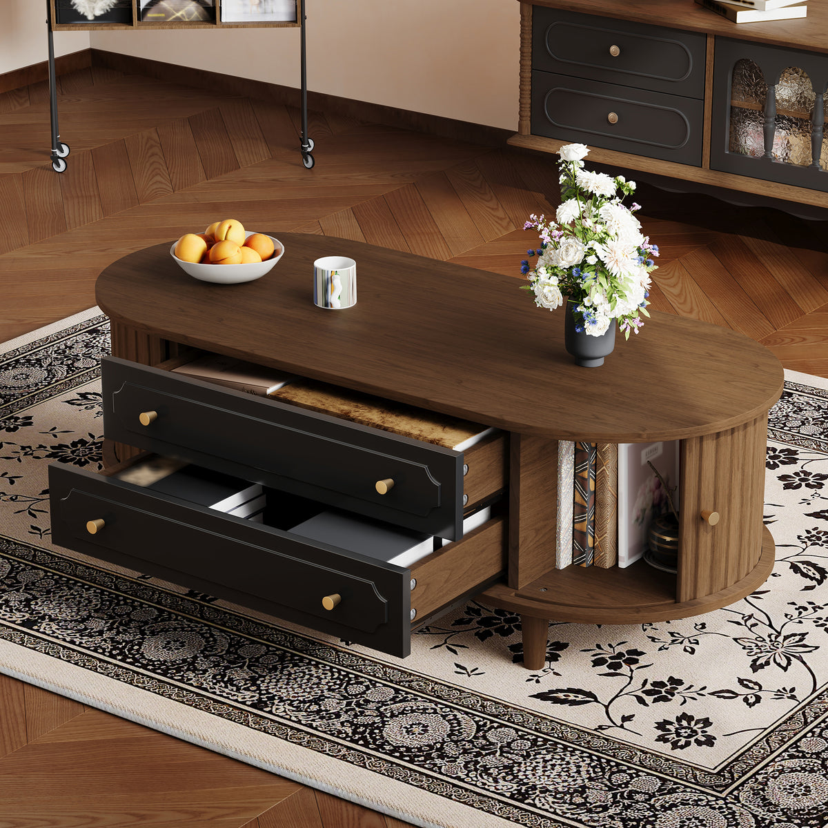 Fluted Oval Coffee Table with Drawers – Walnut
