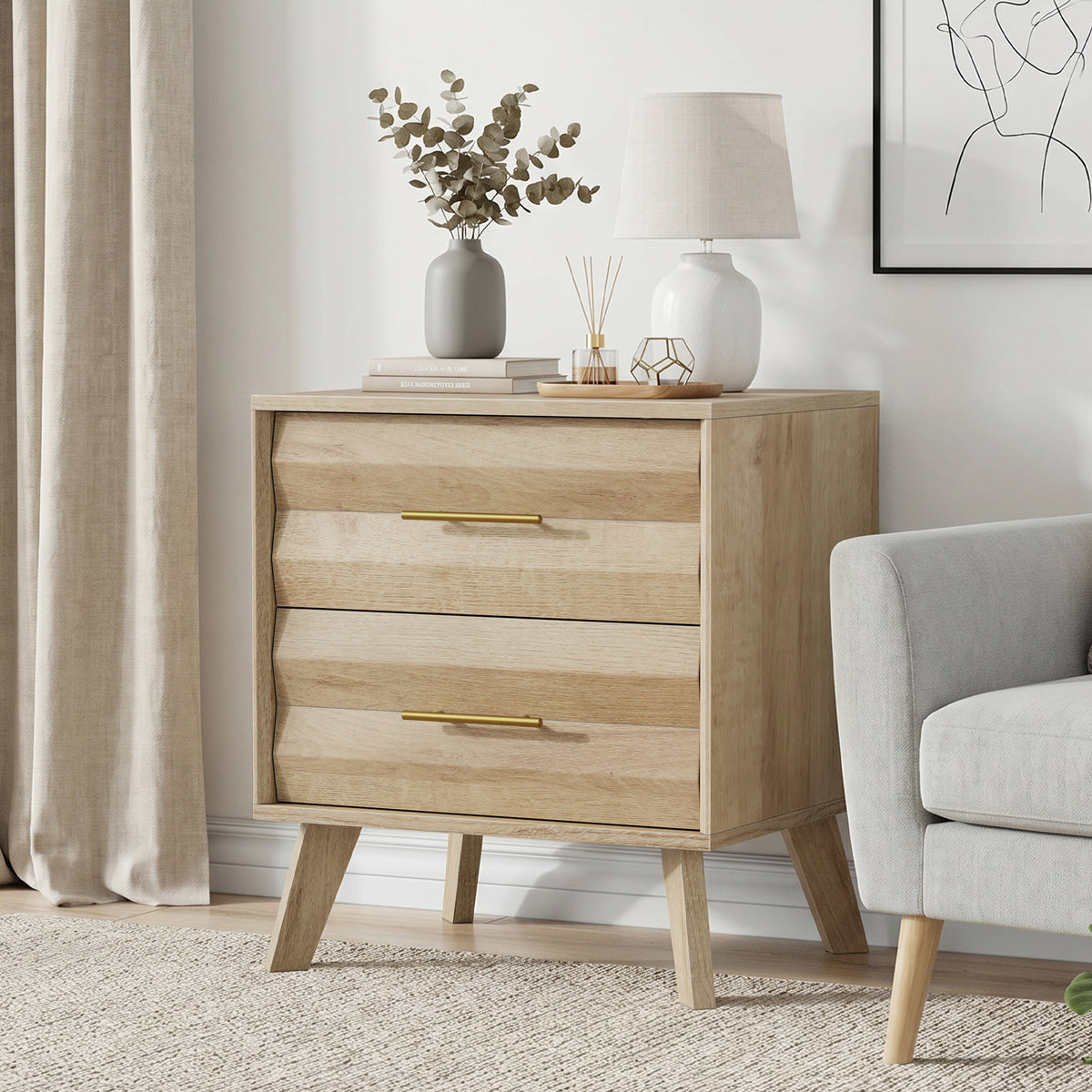 Oak Bedside Table with 2 Drawers – Mid-Century