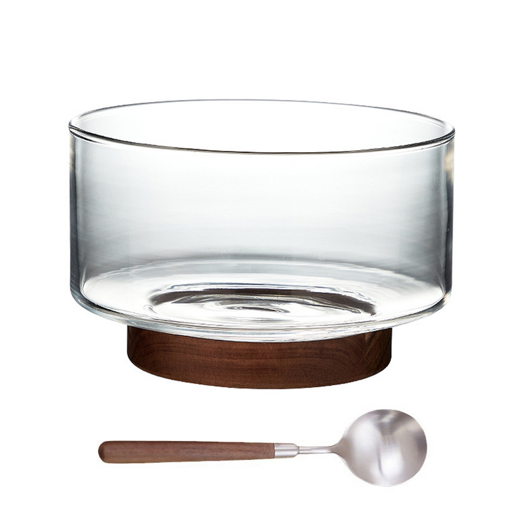 Glass footed bowl with wooden base