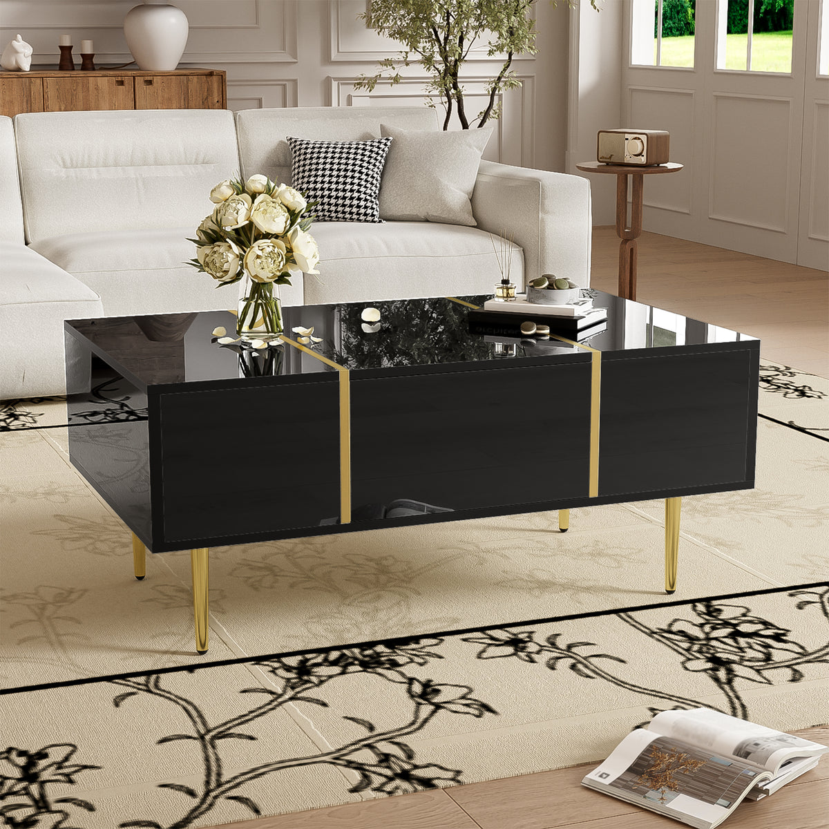 Black Gloss Coffee Table with Gold Trim