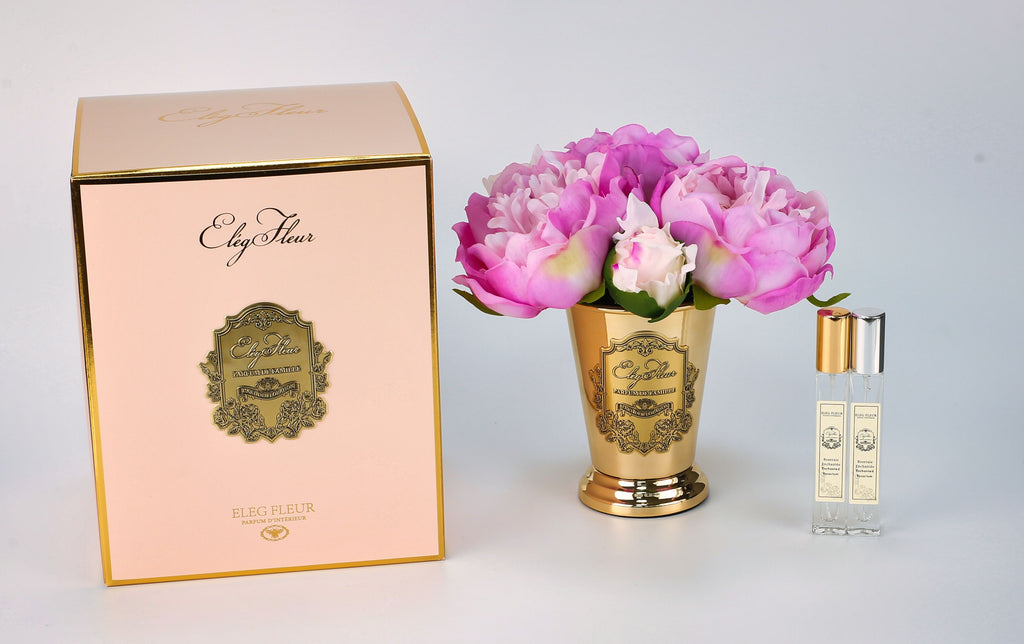 Peony bouquet in gold cone vase