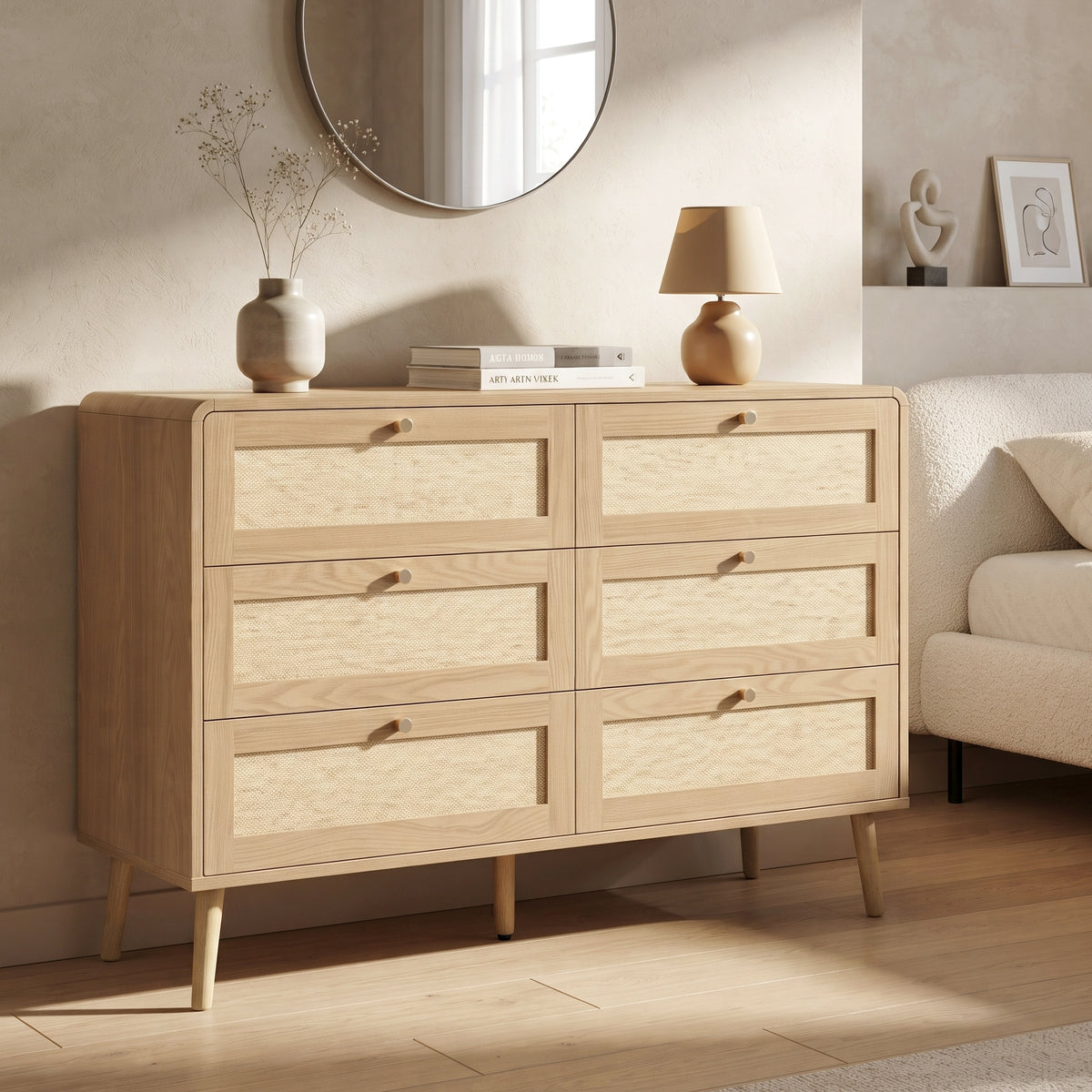 Rattan-Effect 6-Drawer Chest – Natural Wood, 120cm