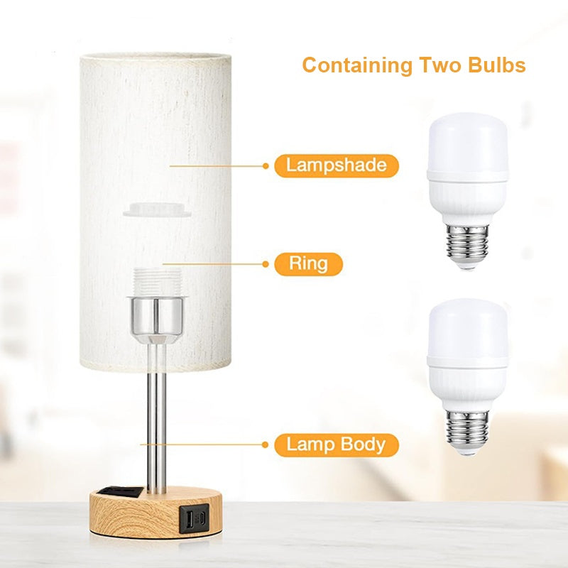 Linen shade bedside lamp with USB charging
