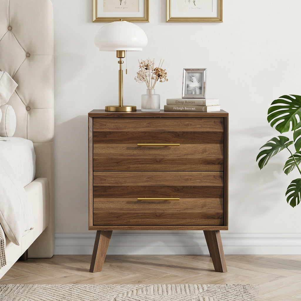 Walnut Bedside Table with 2 Drawers – Mid-Century