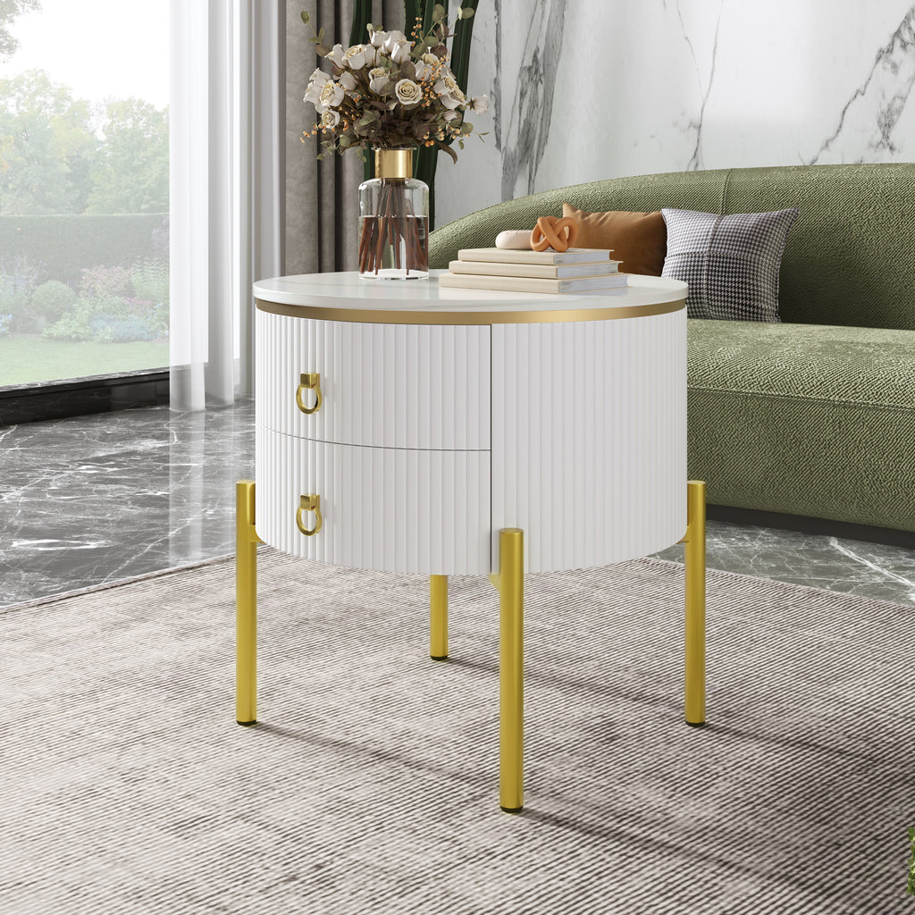 Round Marble-Effect Side Table with Gold Legs