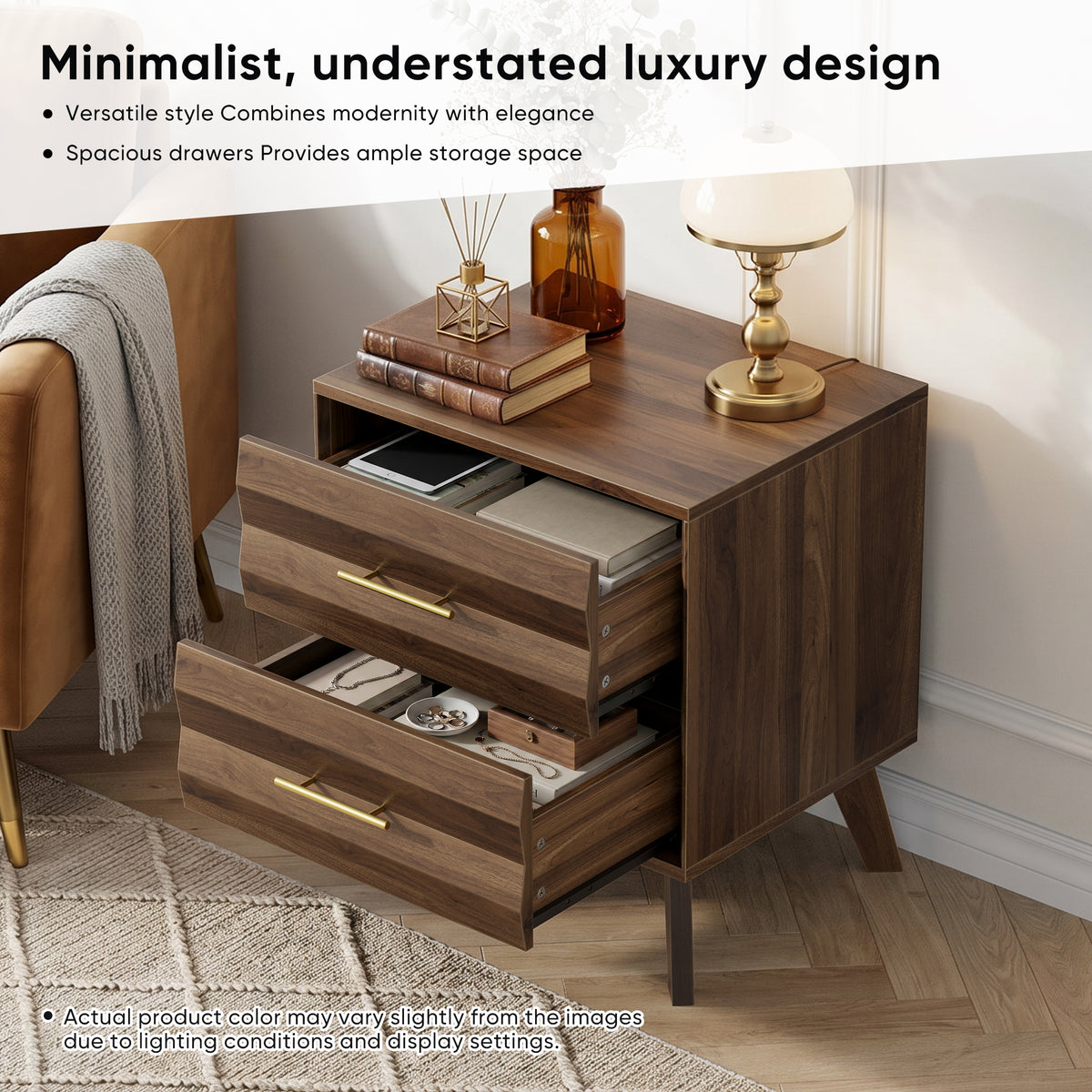 Walnut Bedside Table with 2 Drawers – Mid-Century