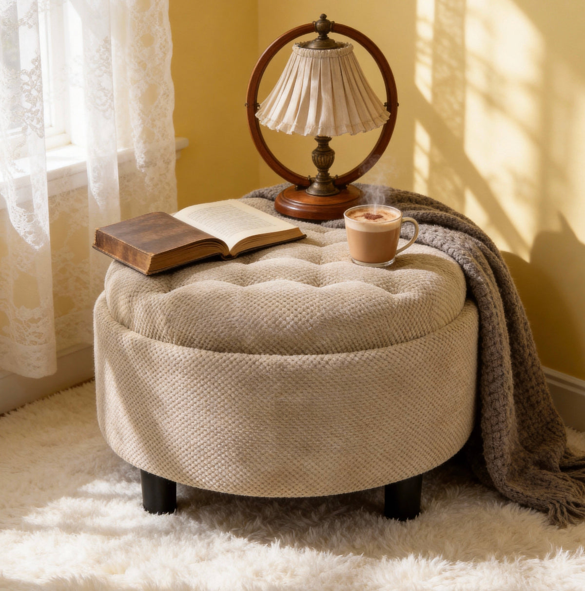 Round storage ottoman camel