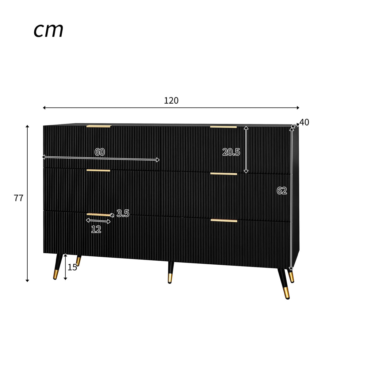 Black Fluted Chest of Drawers with Gold Handles, 120cm