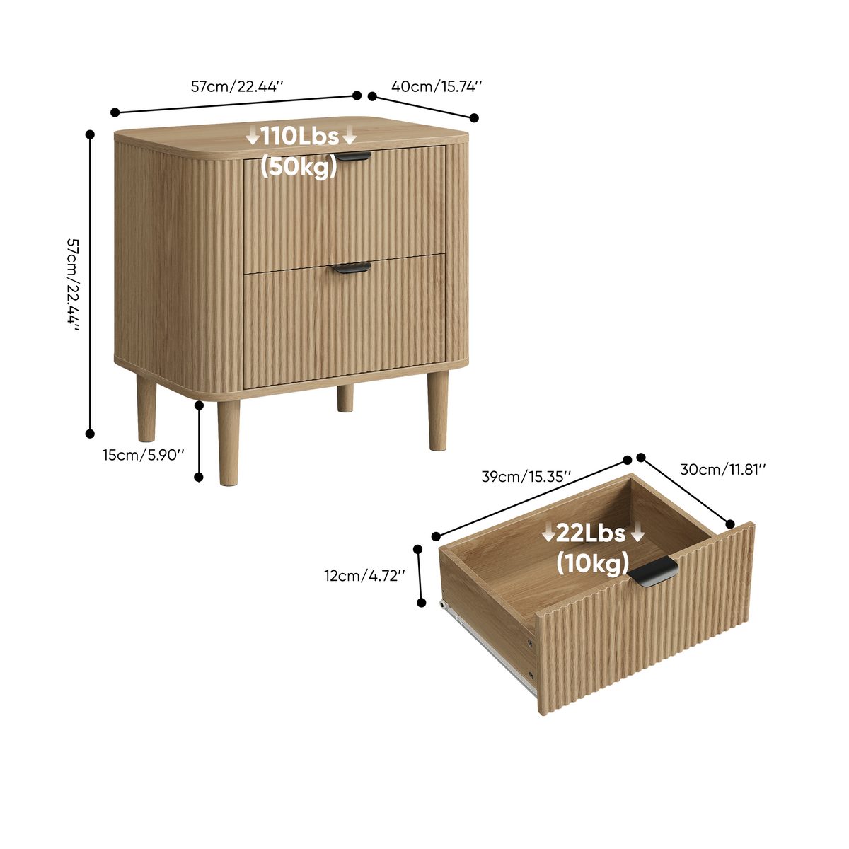 Fluted Oak Bedside Table with 2 Drawers