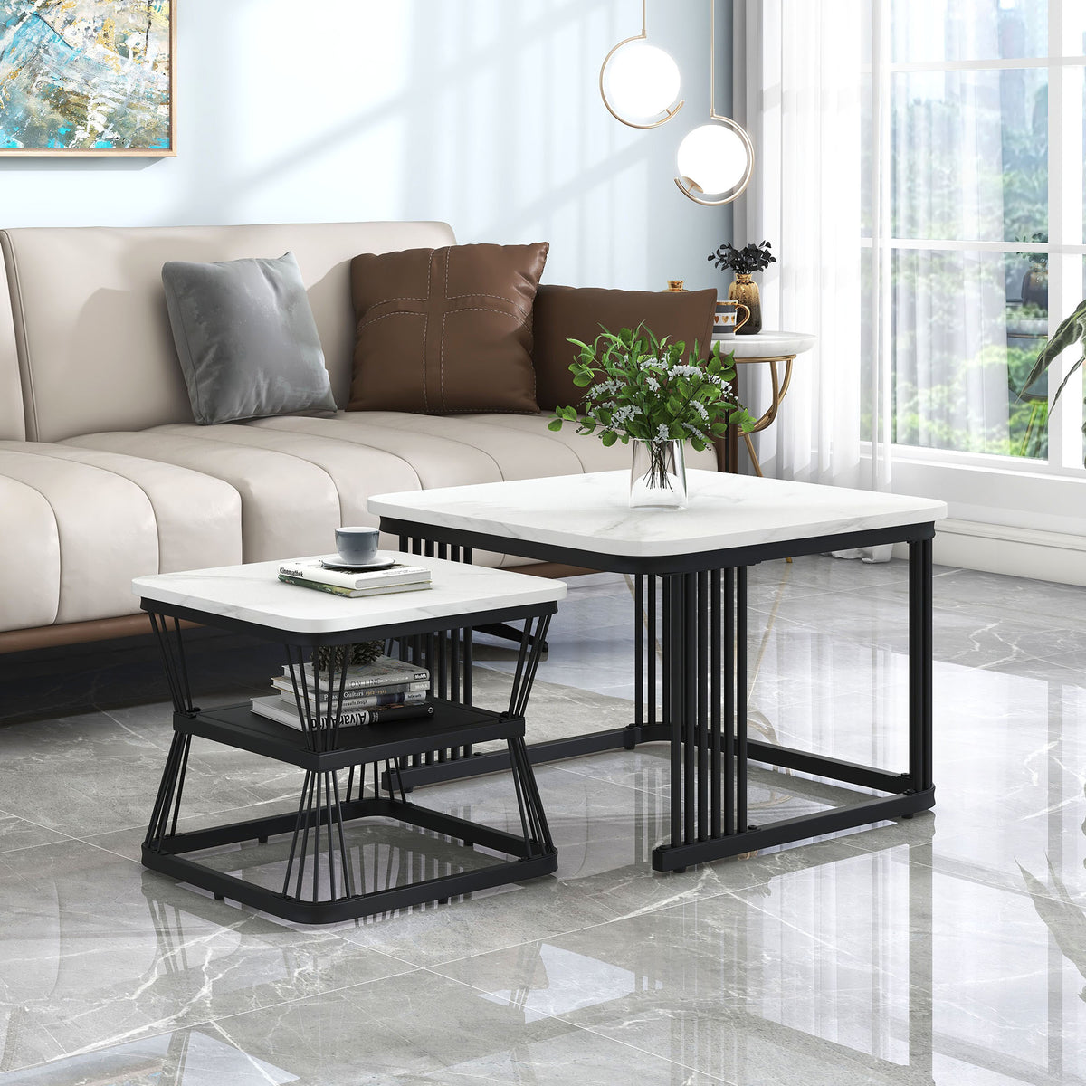 Marble-Effect Nesting Coffee Tables – Set of 2