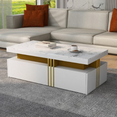 White Marble-Effect Coffee Table with Drawers