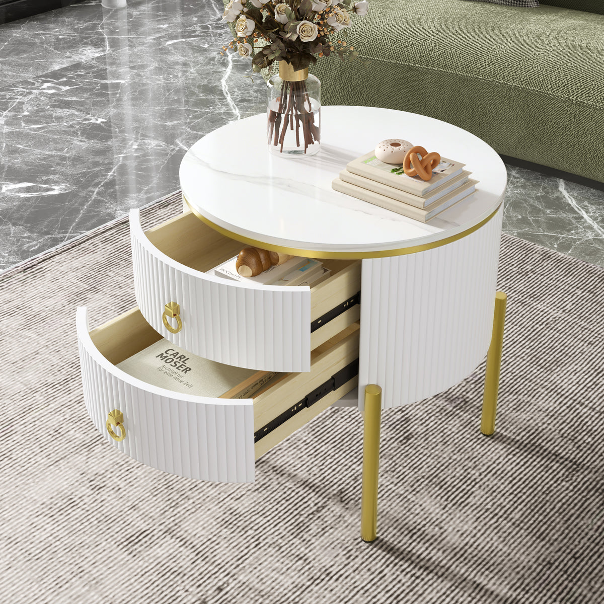 Round Marble-Effect Side Table with Gold Legs