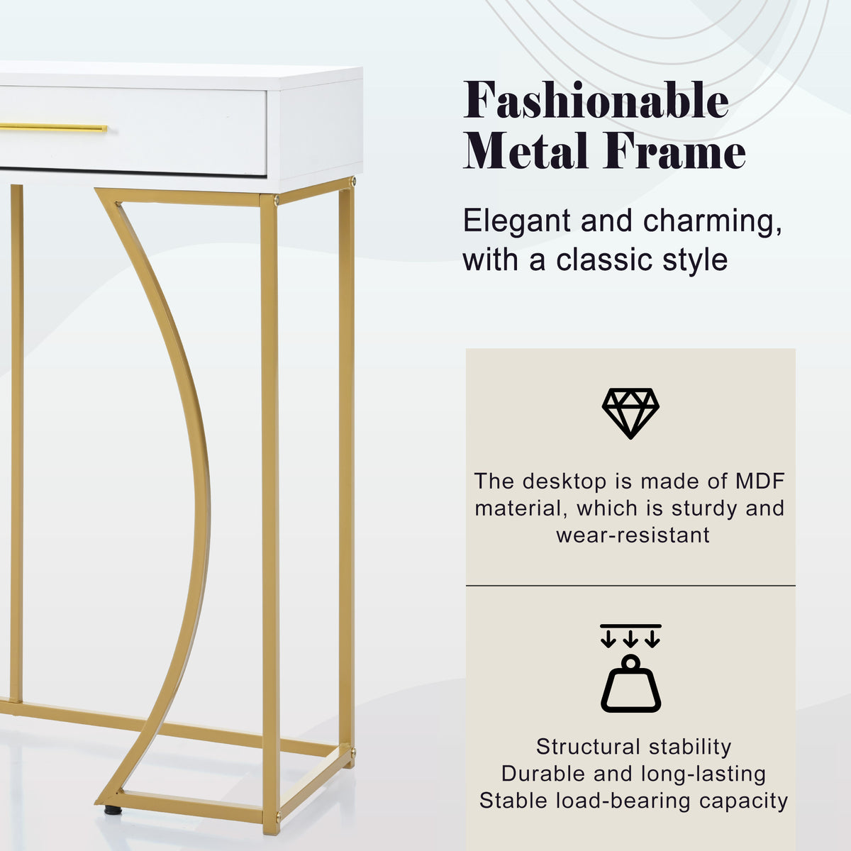 White & Gold Console Table with 2 Drawers