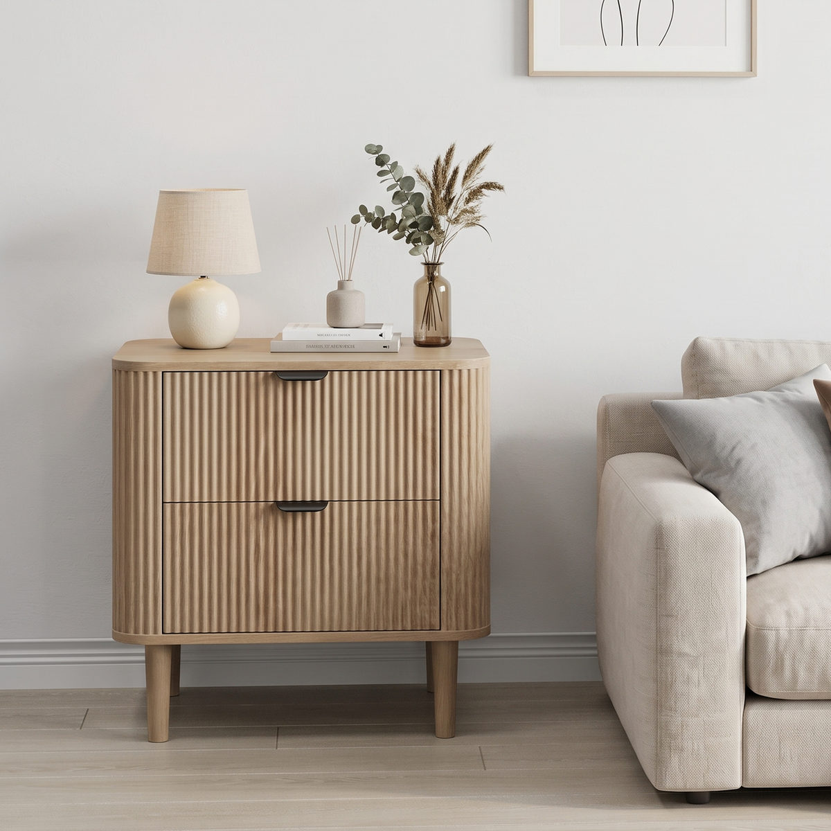 Fluted Oak Bedside Table with 2 Drawers