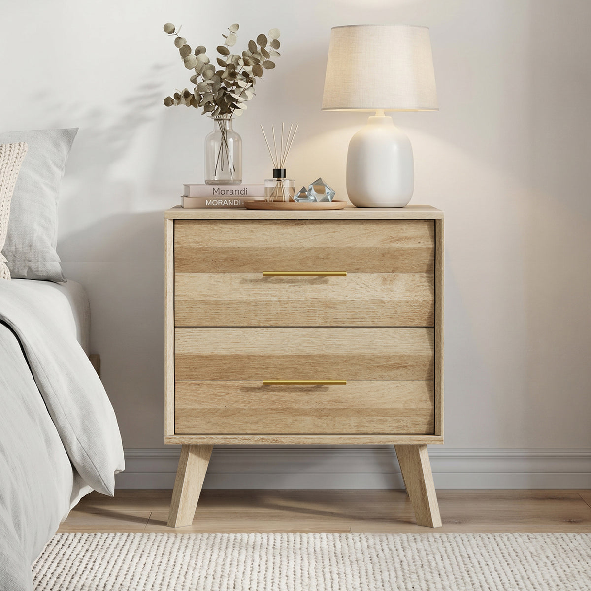 Oak Bedside Table with 2 Drawers – Mid-Century