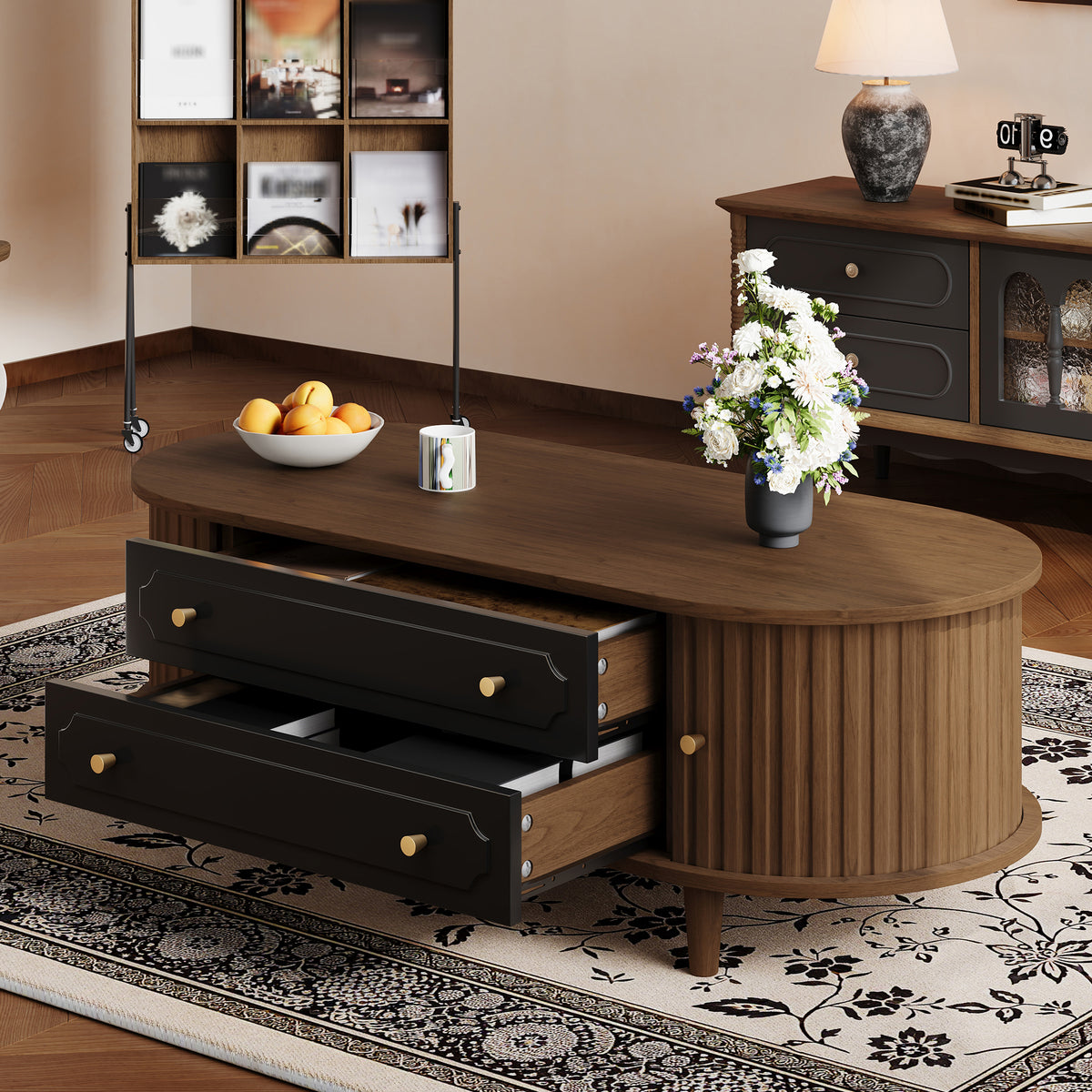 Fluted Oval Coffee Table with Drawers – Walnut