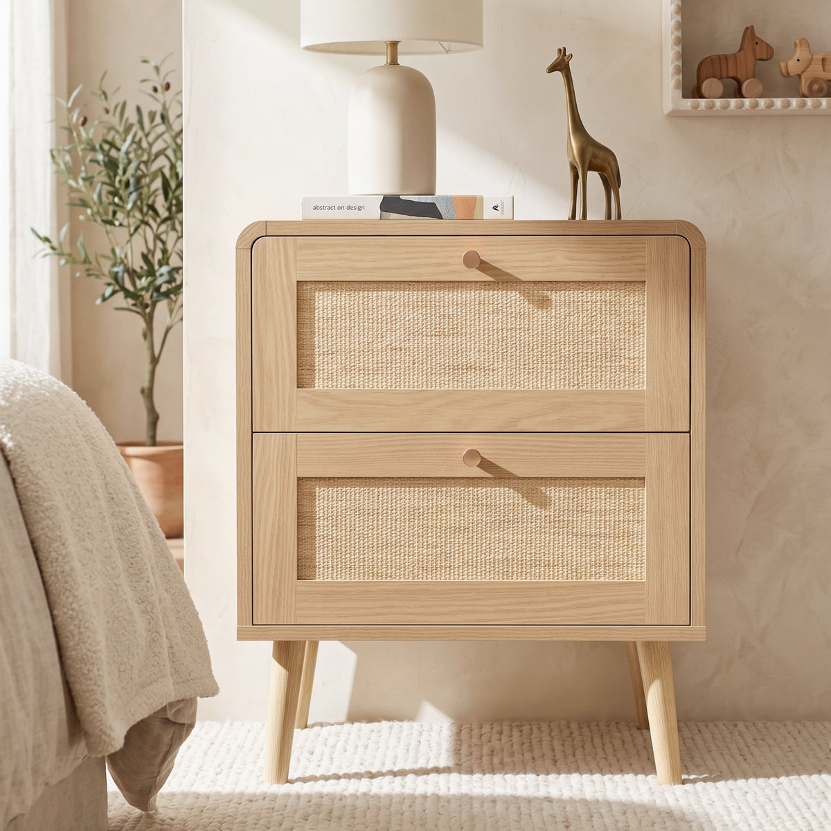 Rattan-Effect Bedside Tables – Set of 2, Natural Oak