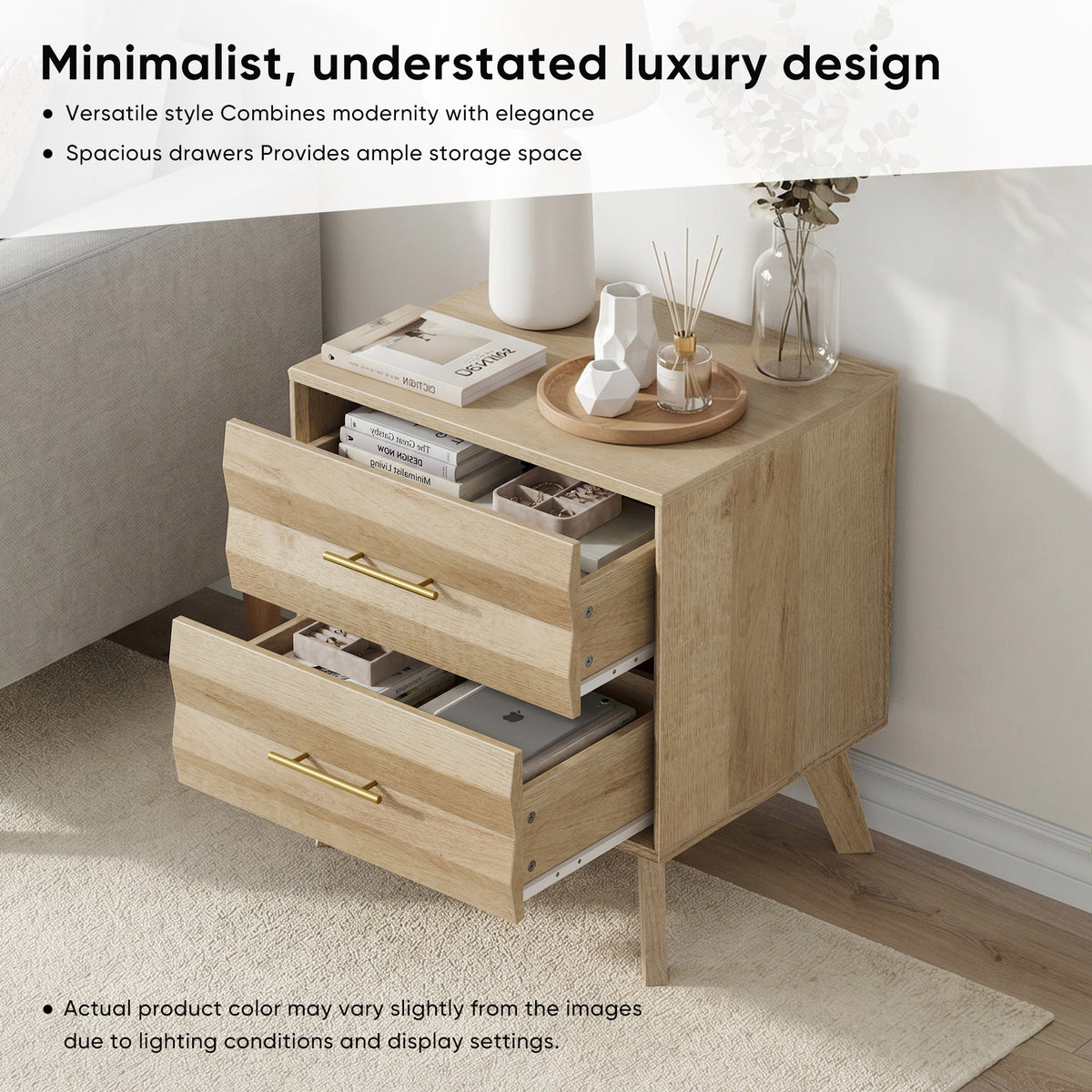Oak Bedside Table with 2 Drawers – Mid-Century